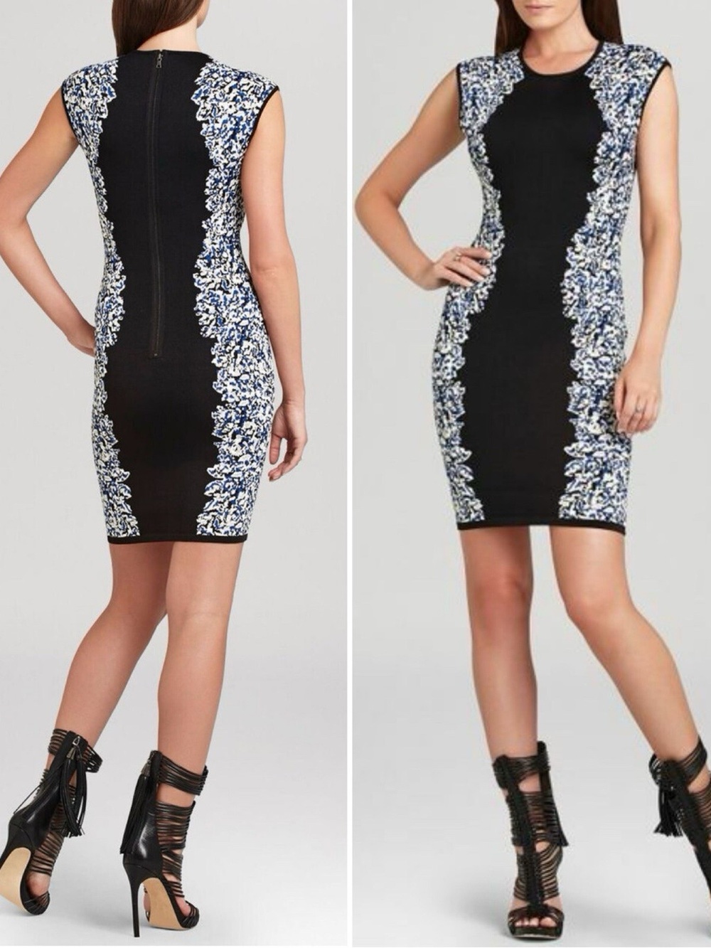 BCBGMaxAzria Black Sheath Dress with Blue and White Floral Panels